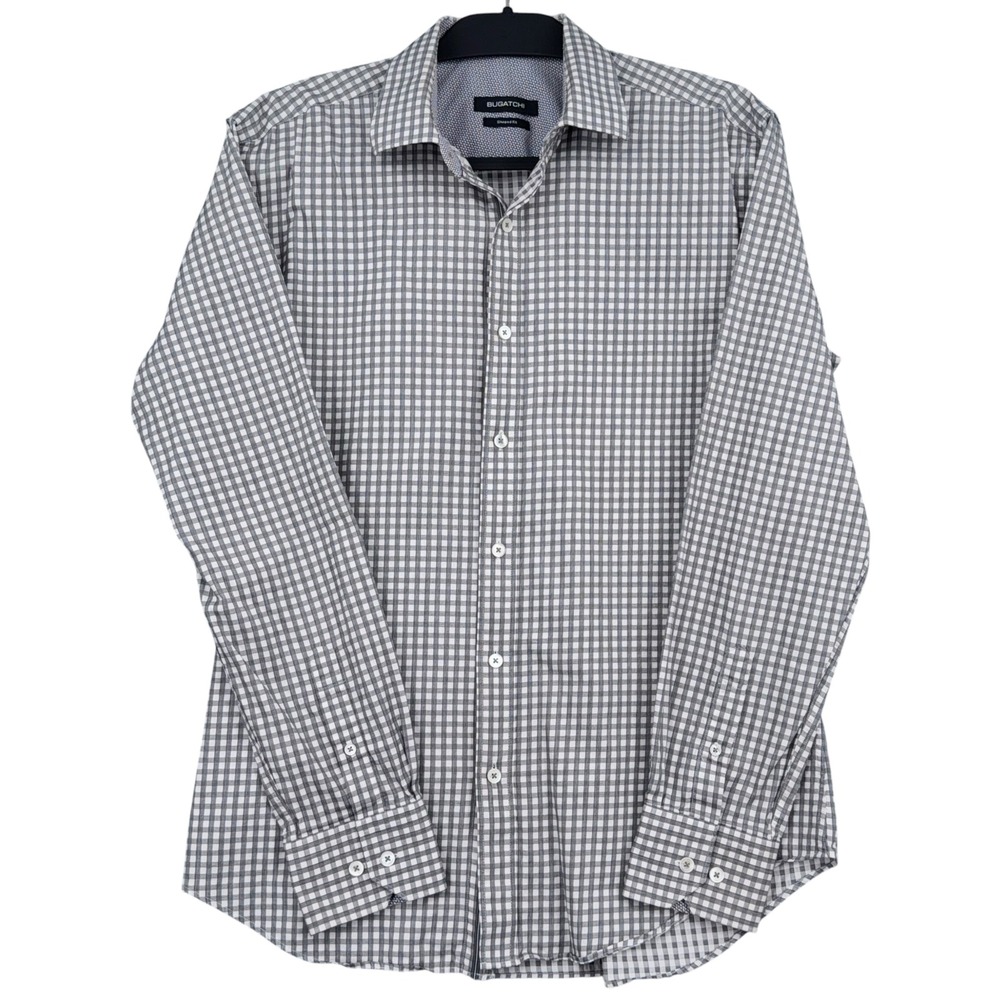 Bugatchi Shaped Fit Mens Medium 100%‎ Cotton Gray Gingham Button Front Shirt